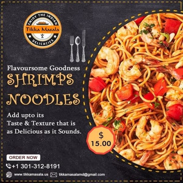 Tikka Masala's shrimp noodles with red peppers and garlic, priced at $15.00.
