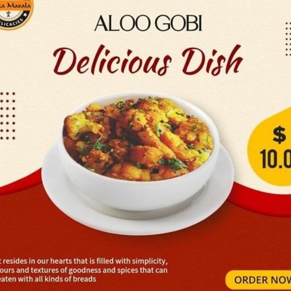 Aloo Gobi, a delicious Indian dish with potatoes and cauliflower, served in a white bowl.