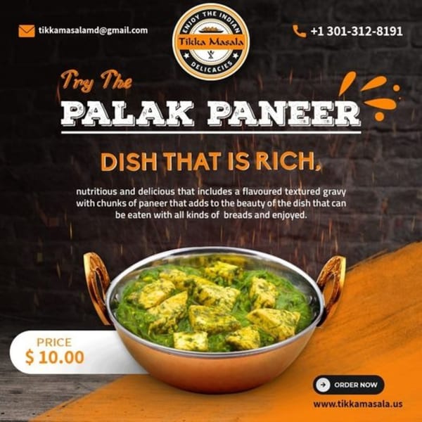Tikka Masala's Palak Paneer, a vibrant green spinach and paneer dish, in a copper serving bowl.