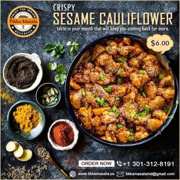 Crispy sesame cauliflower with green onions, surrounded by spices and the Tikka Masala logo.